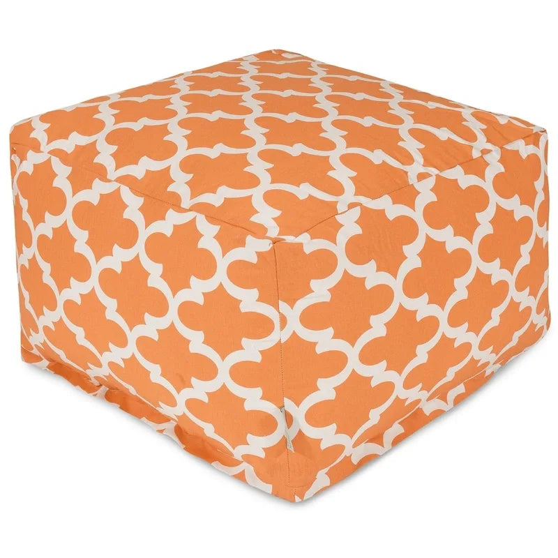 Peach/Navy/Teal/Gray Trellis Pattern Indoor Outdoor Ottoman Pouf, 1-Seat, 27"x27"x17"