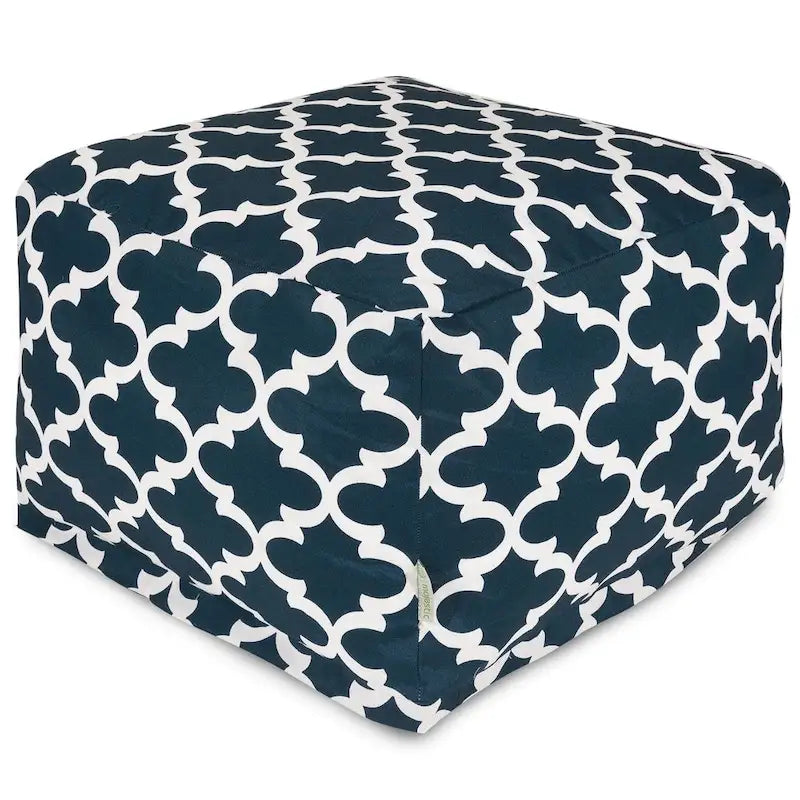 Peach/Navy/Teal/Gray Trellis Pattern Indoor Outdoor Ottoman Pouf, 1-Seat, 27"x27"x17"