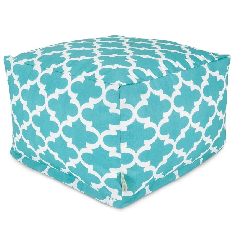 Peach/Navy/Teal/Gray Trellis Pattern Indoor Outdoor Ottoman Pouf, 1-Seat, 27"x27"x17"
