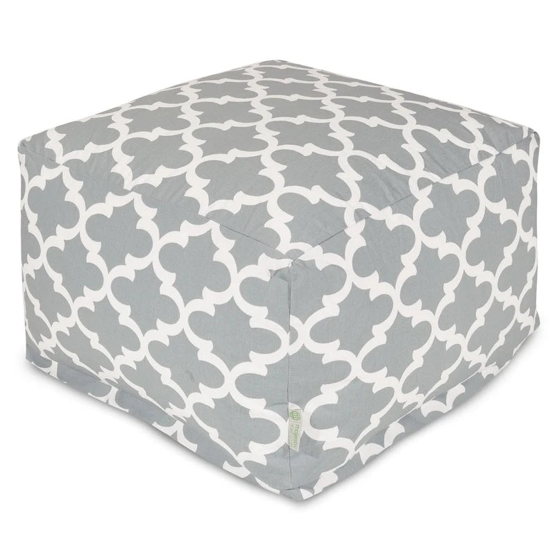 Peach/Navy/Teal/Gray Trellis Pattern Indoor Outdoor Ottoman Pouf, 1-Seat, 27"x27"x17"