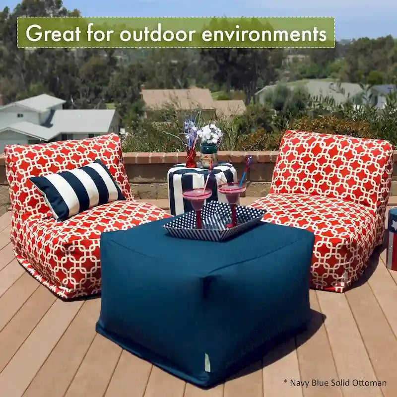 Peach/Navy/Teal/Gray Trellis Pattern Indoor Outdoor Ottoman Pouf, 1-Seat, 27"x27"x17"