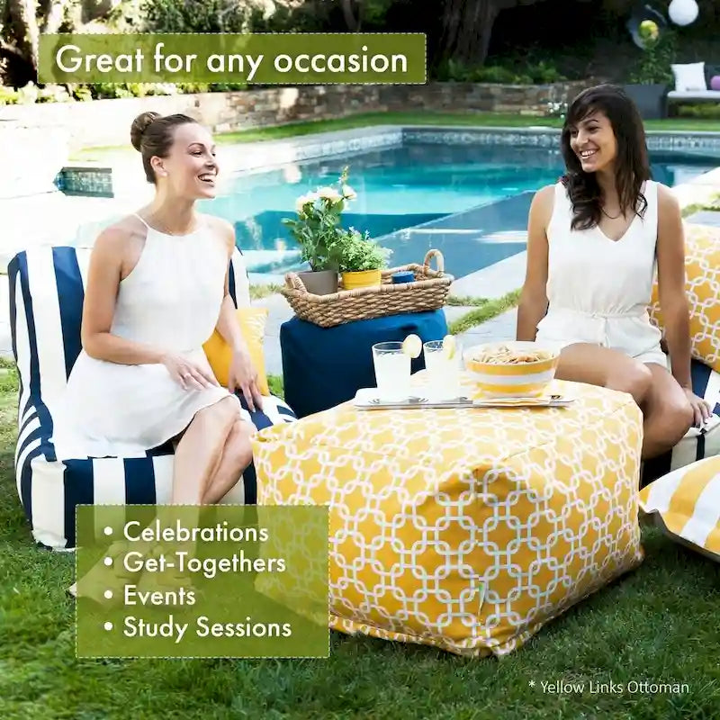 Peach/Navy/Teal/Gray Trellis Pattern Indoor Outdoor Ottoman Pouf, 1-Seat, 27"x27"x17"