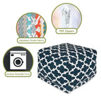 Peach/Navy/Teal/Gray Trellis Pattern Indoor Outdoor Ottoman Pouf, 1-Seat, 27"x27"x17"