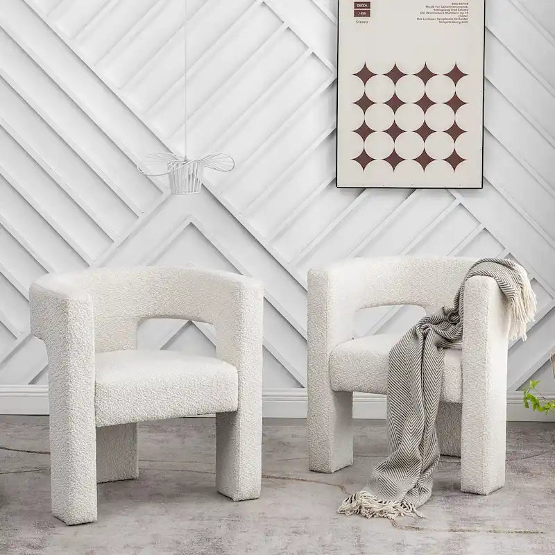 Cream/Black/Grey Boucle Accent Chair, Tripod Base, Set of 2