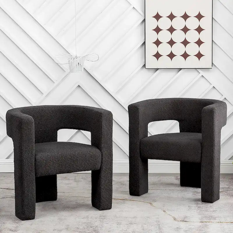 Fauteuil d'appoint en tissu bouclette crème/noir/gris, piètement trépied, lot de 2