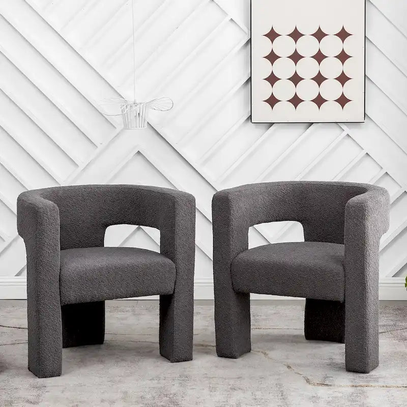 Fauteuil d'appoint en tissu bouclette crème/noir/gris, piètement trépied, lot de 2