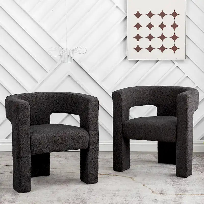 Cream/Black/Grey Boucle Accent Chair, Tripod Base, Set of 2