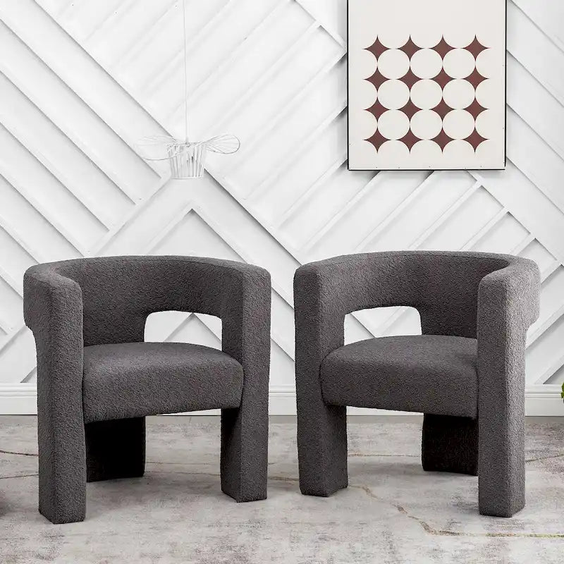 Cream/Black/Grey Boucle Accent Chair, Tripod Base, Set of 2