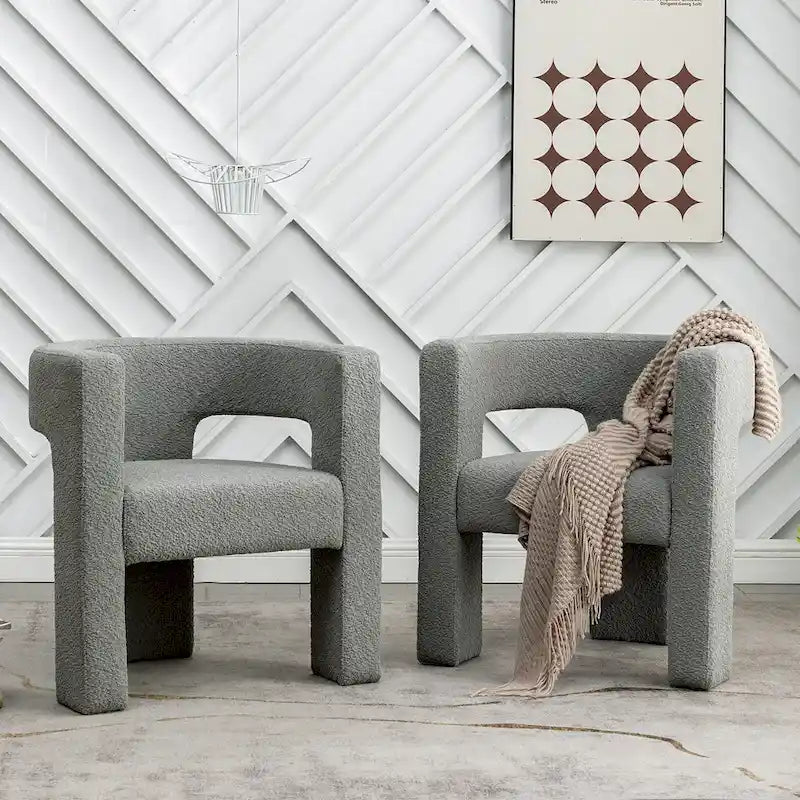 Cream/Black/Grey Boucle Accent Chair, Tripod Base, Set of 2