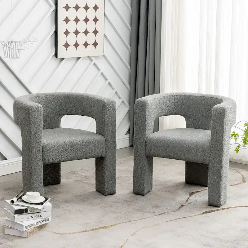 Cream/Black/Grey Boucle Accent Chair, Tripod Base, Set of 2