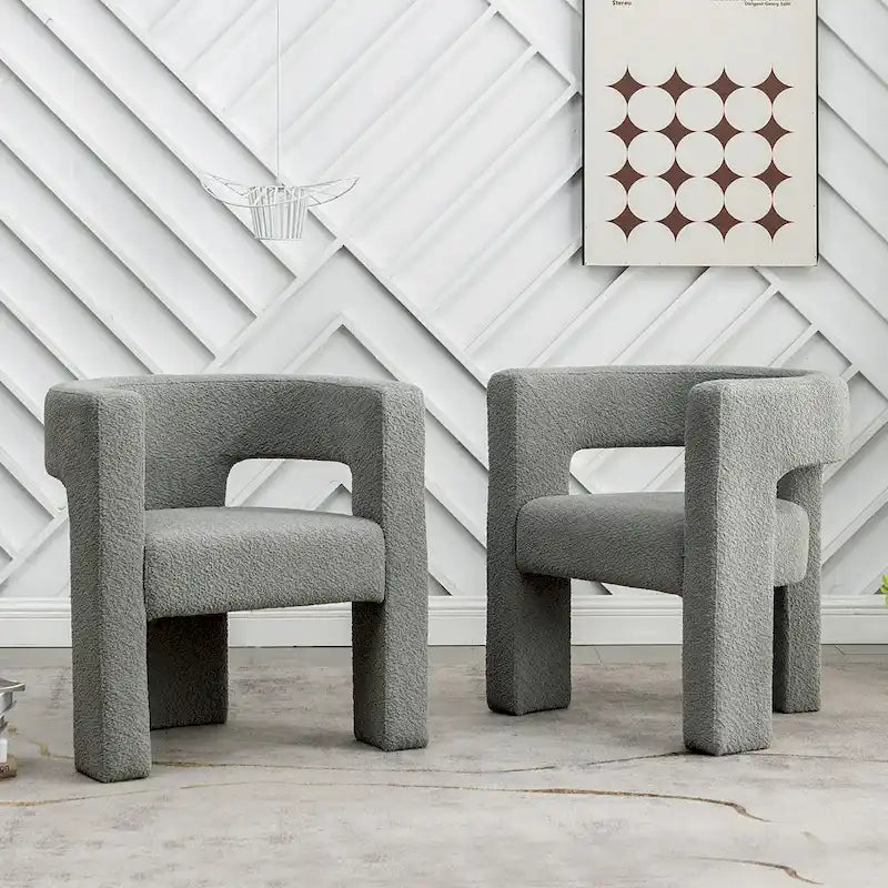 Cream/Black/Grey Boucle Accent Chair, Tripod Base, Set of 2