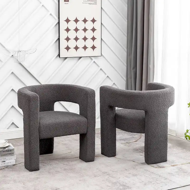Cream/Black/Grey Boucle Accent Chair, Tripod Base, Set of 2