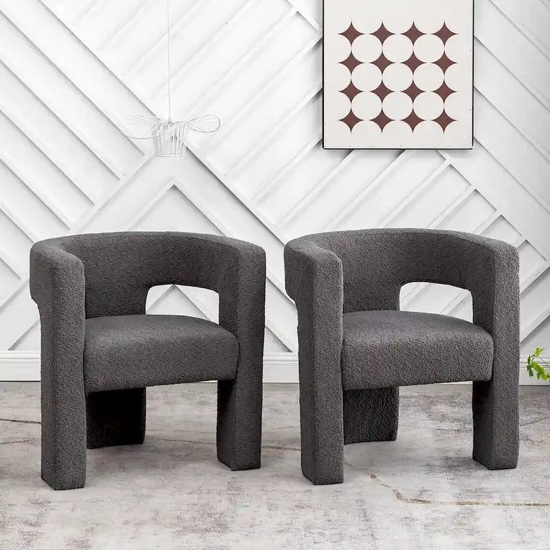 Cream/Black/Grey Boucle Accent Chair, Tripod Base, Set of 2