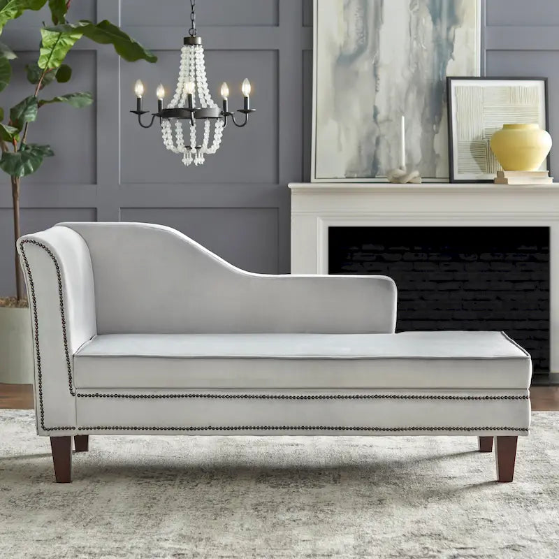 Velvet Storage Chaise Lounge – Lavender Grey / Beige / Light Grey / Midnight Blue, Single