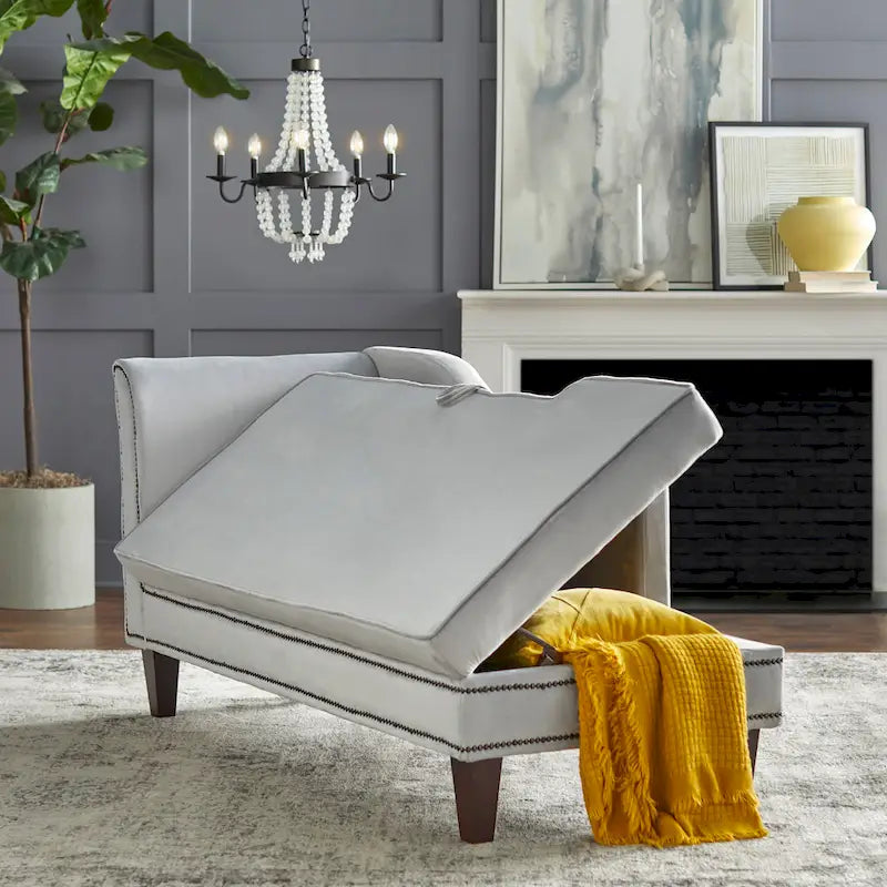 Velvet Storage Chaise Lounge – Lavender Grey / Beige / Light Grey / Midnight Blue, Single