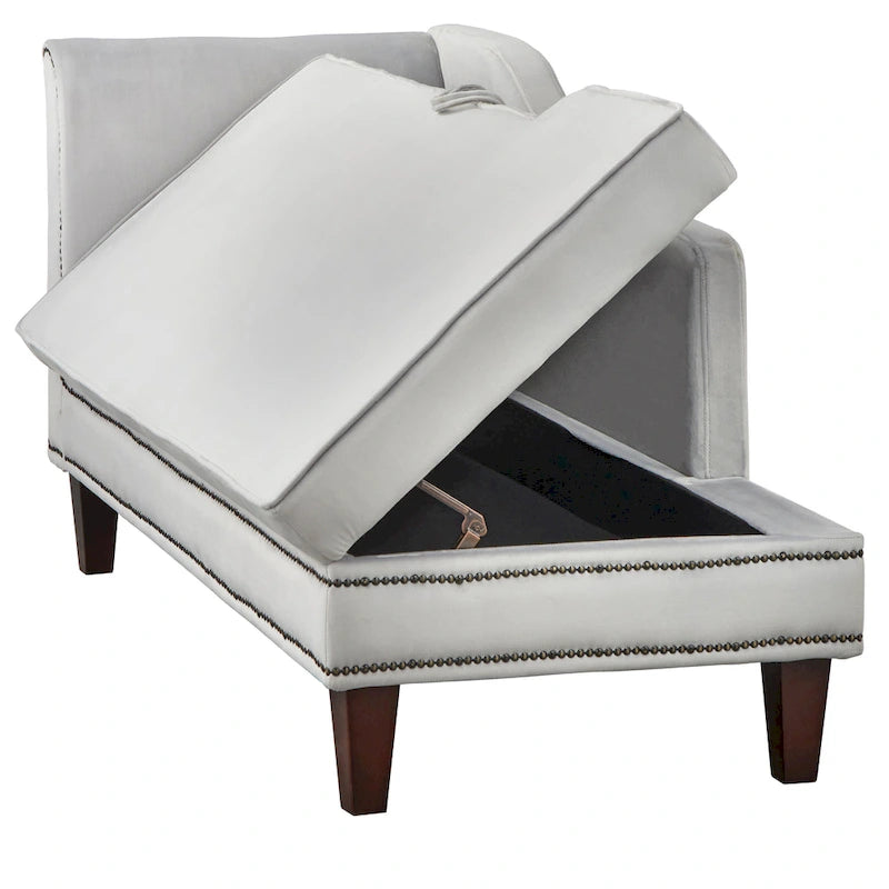 Velvet Storage Chaise Lounge – Lavender Grey / Beige / Light Grey / Midnight Blue, Single