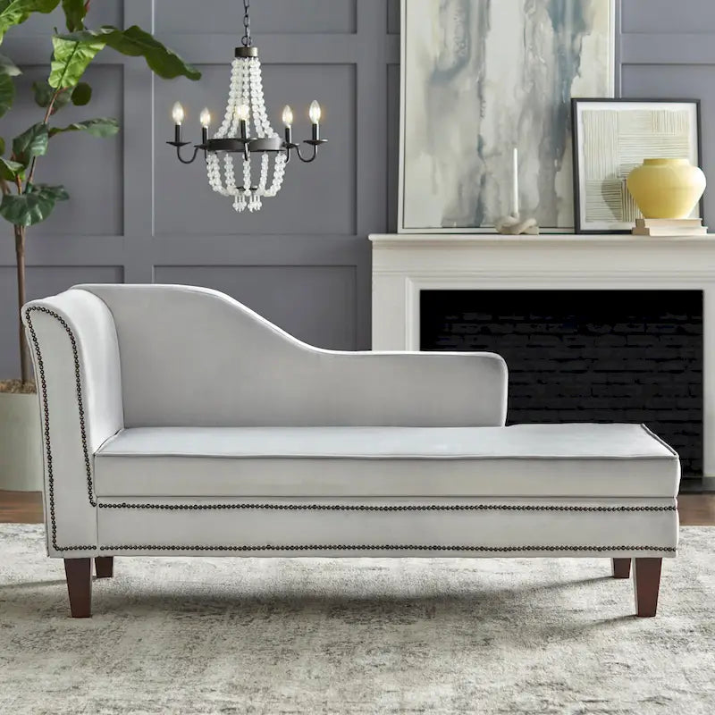 Velvet Storage Chaise Lounge – Lavender Grey / Beige / Light Grey / Midnight Blue, Single