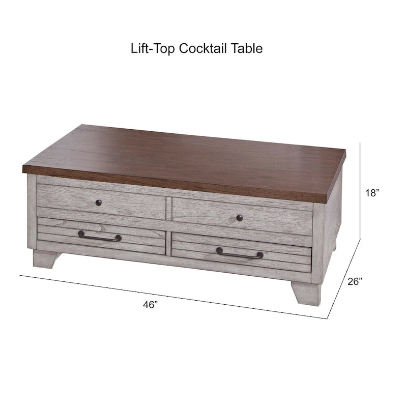 Two-Tone Lift-Top Coffee Table with Storage Drawers & Casters, Rustic Brown / Rustic Ivory