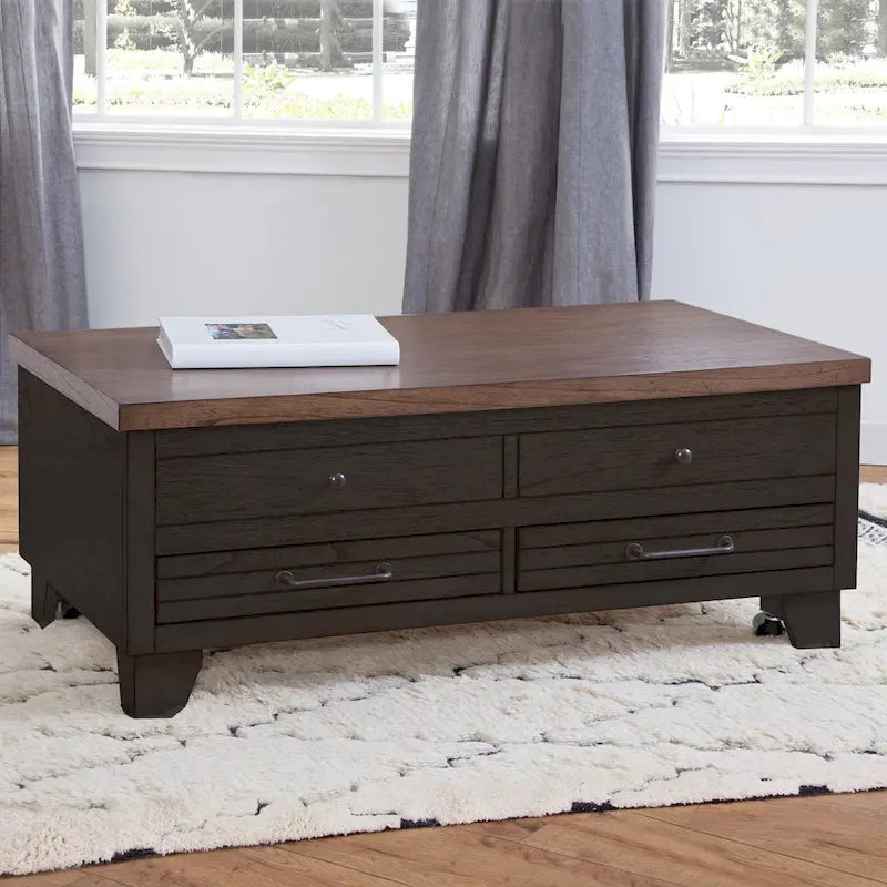 Two-Tone Lift-Top Coffee Table with Storage Drawers & Casters, Rustic Brown / Rustic Ivory