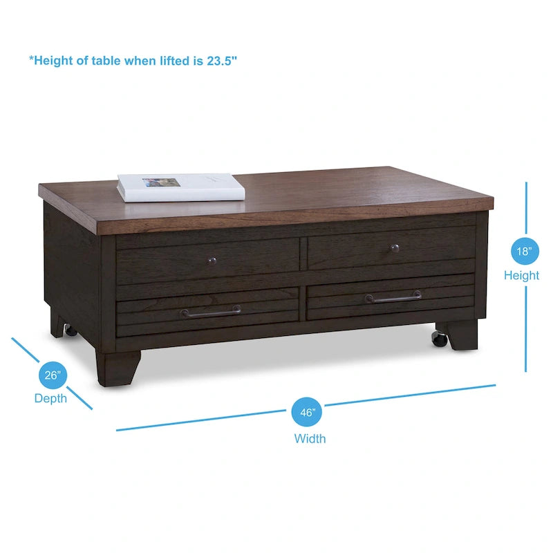 Two-Tone Lift-Top Coffee Table with Storage Drawers & Casters, Rustic Brown / Rustic Ivory