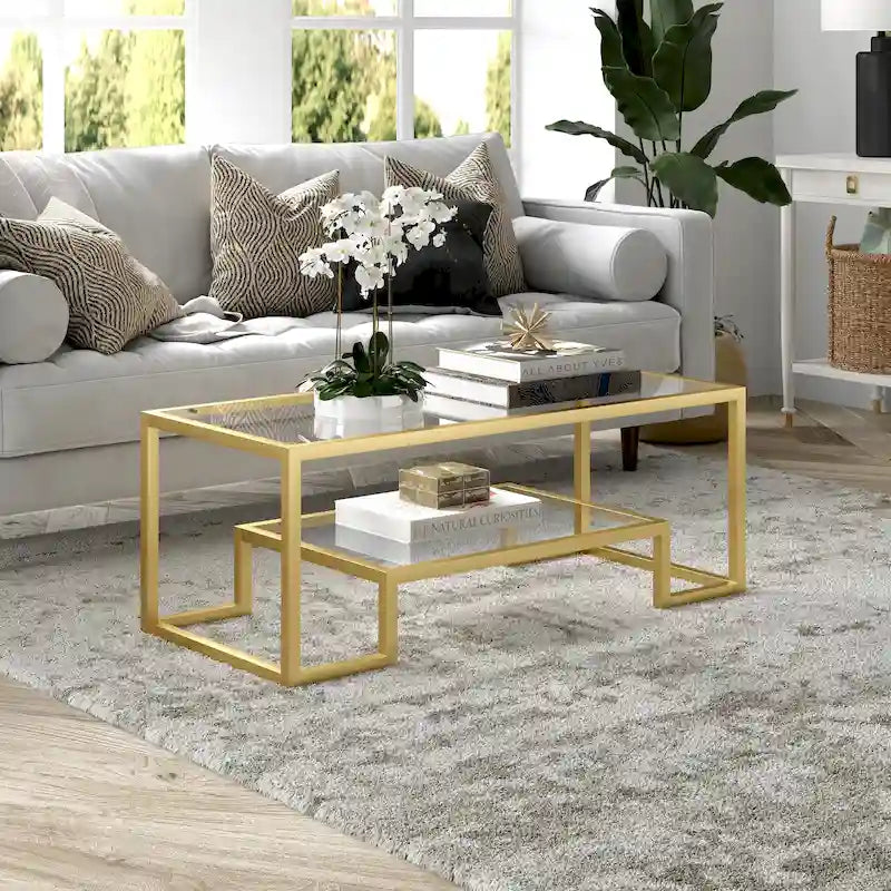 Brass / Blackened Bronze / White / Satin Nickel Metal & Glass Coffee Table, 1-Person, 2 Sizes