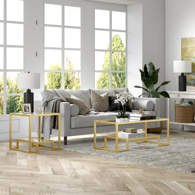 Brass / Blackened Bronze / White / Satin Nickel Metal & Glass Coffee Table, 1-Person, 2 Sizes