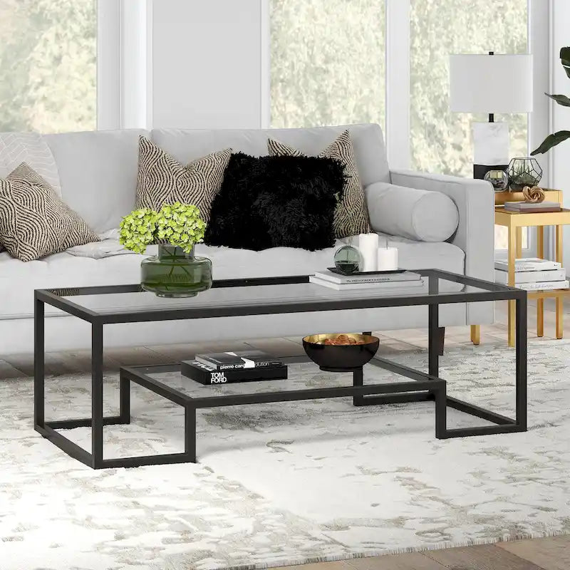Brass / Blackened Bronze / White / Satin Nickel Metal & Glass Coffee Table, 1-Person, 2 Sizes