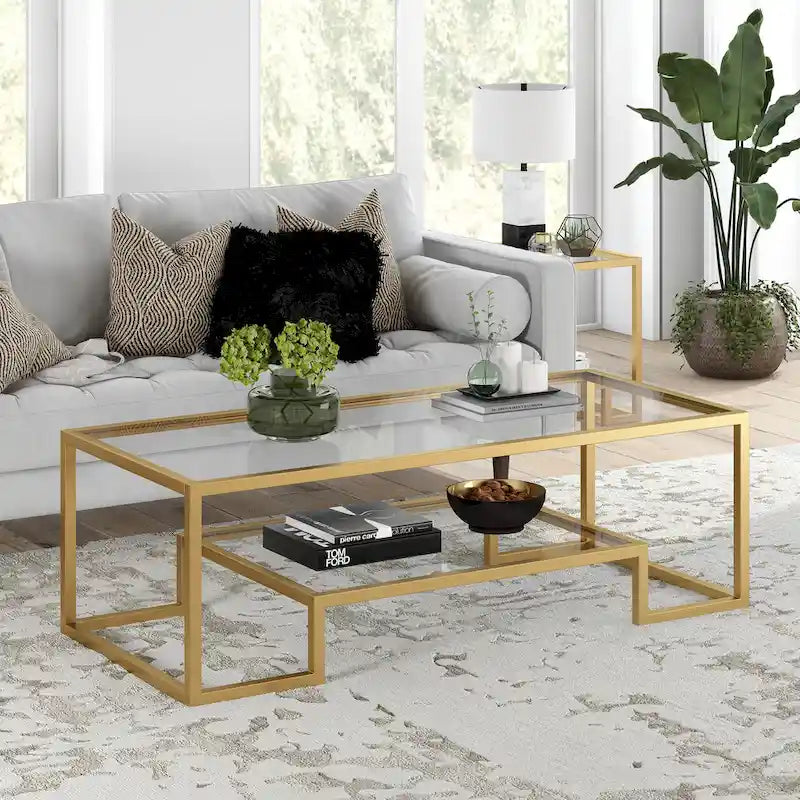 Brass / Blackened Bronze / White / Satin Nickel Metal & Glass Coffee Table, 1-Person, 2 Sizes