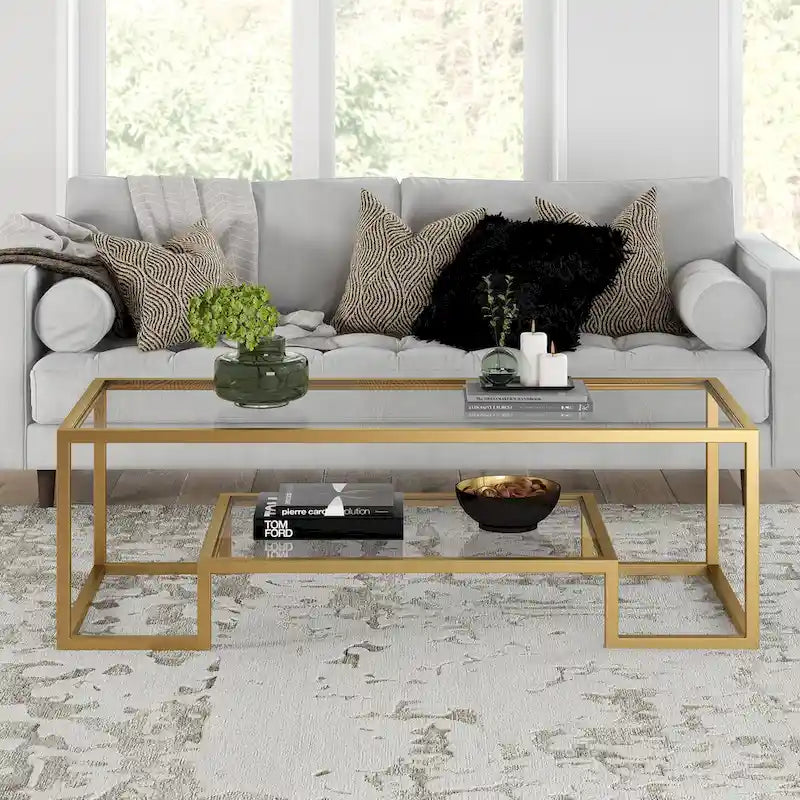 Brass / Blackened Bronze / White / Satin Nickel Metal & Glass Coffee Table, 1-Person, 2 Sizes