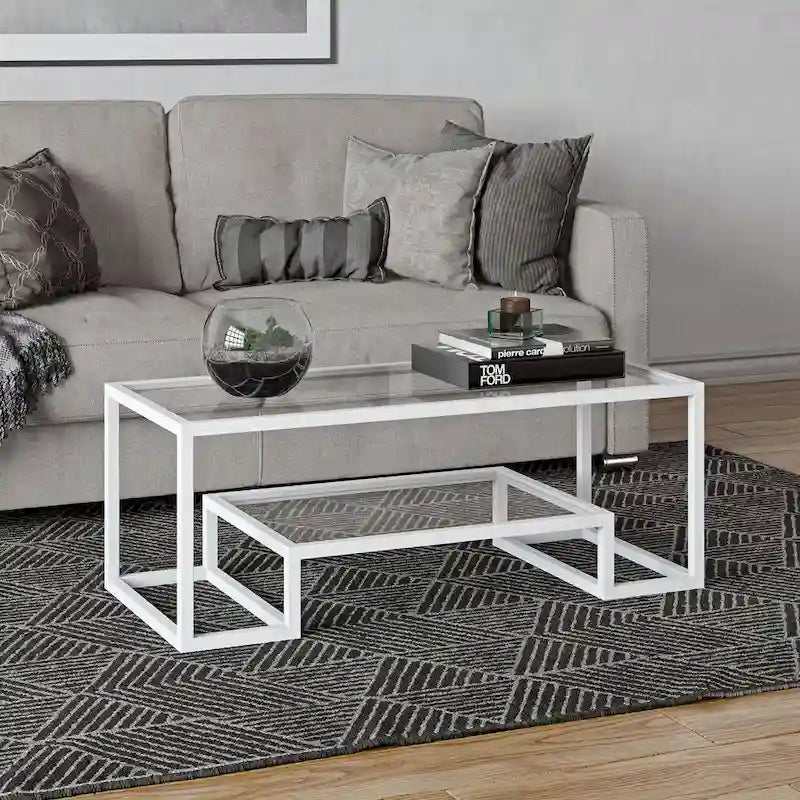 Brass / Blackened Bronze / White / Satin Nickel Metal & Glass Coffee Table, 1-Person, 2 Sizes