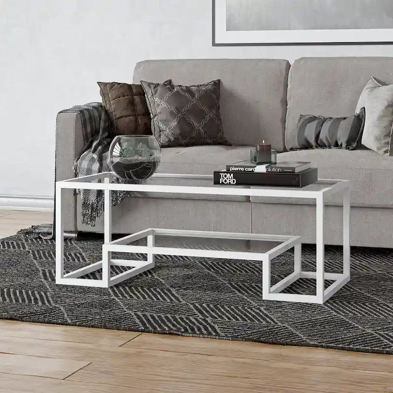 Brass / Blackened Bronze / White / Satin Nickel Metal & Glass Coffee Table, 1-Person, 2 Sizes