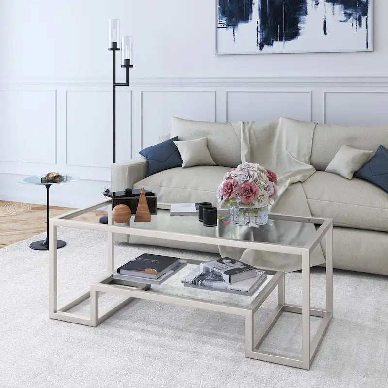 Brass / Blackened Bronze / White / Satin Nickel Metal & Glass Coffee Table, 1-Person, 2 Sizes