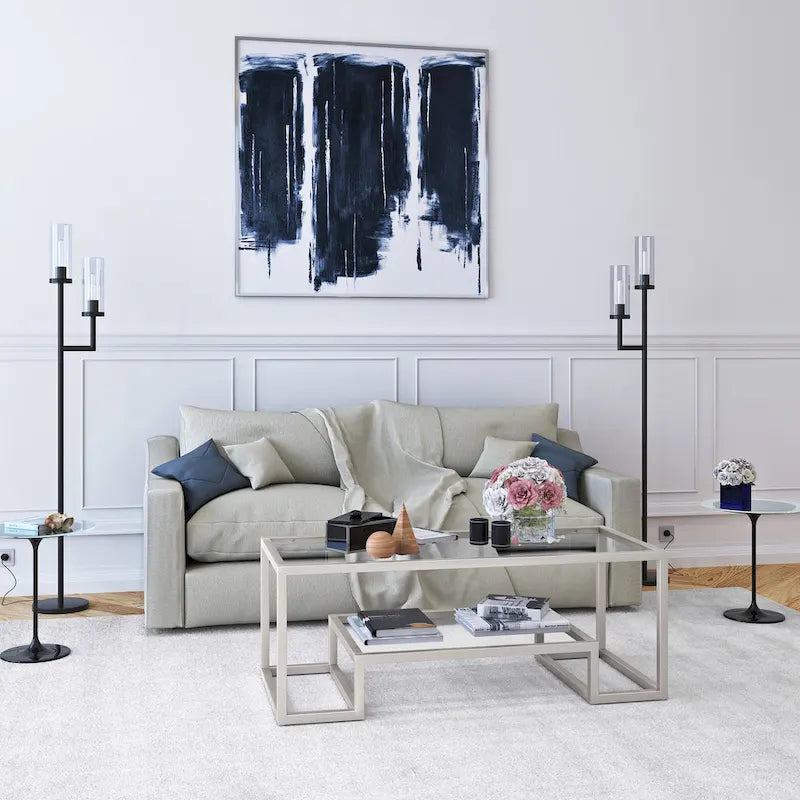Brass / Blackened Bronze / White / Satin Nickel Metal & Glass Coffee Table, 1-Person, 2 Sizes