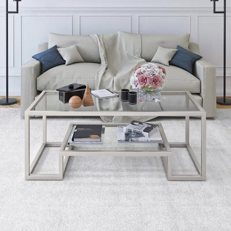 Brass / Blackened Bronze / White / Satin Nickel Metal & Glass Coffee Table, 1-Person, 2 Sizes
