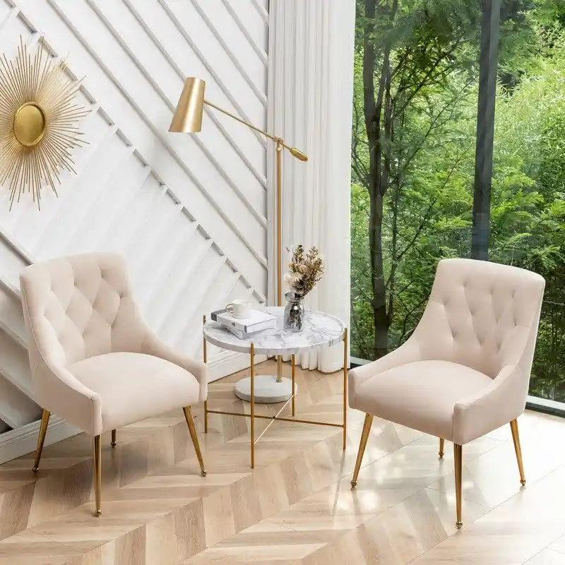 Lot de 2 chaises de salle à manger en velours, dossier touffu avec anneau de tirage doré, sans accoudoirs