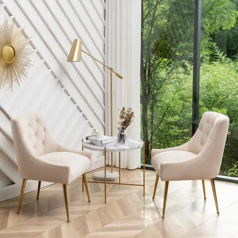 Velvet Dining Chair Set of 2, Tufted Back with Gold Ring Pull, Armless