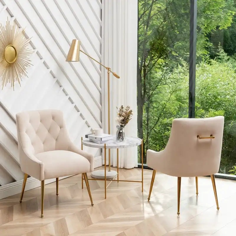 Velvet Dining Chair Set of 2, Tufted Back with Gold Ring Pull, Armless