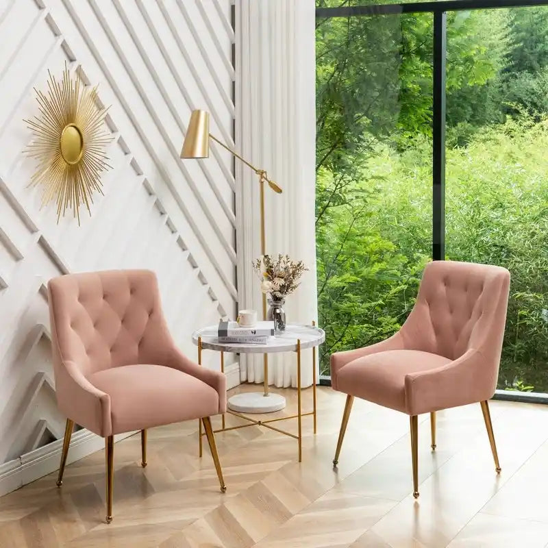Velvet Dining Chair Set of 2, Tufted Back with Gold Ring Pull, Armless
