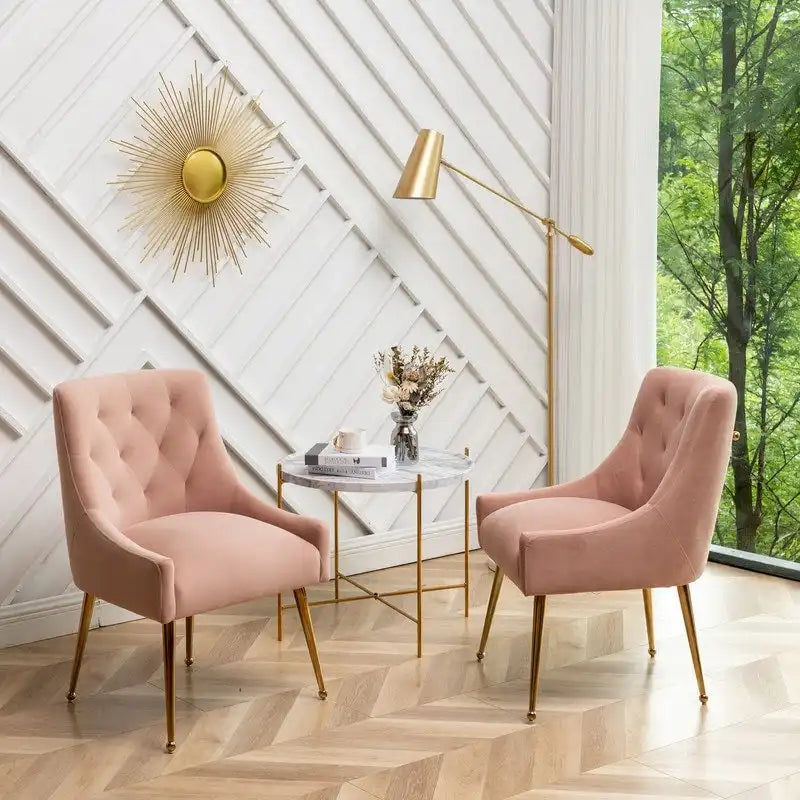 Velvet Dining Chair Set of 2, Tufted Back with Gold Ring Pull, Armless