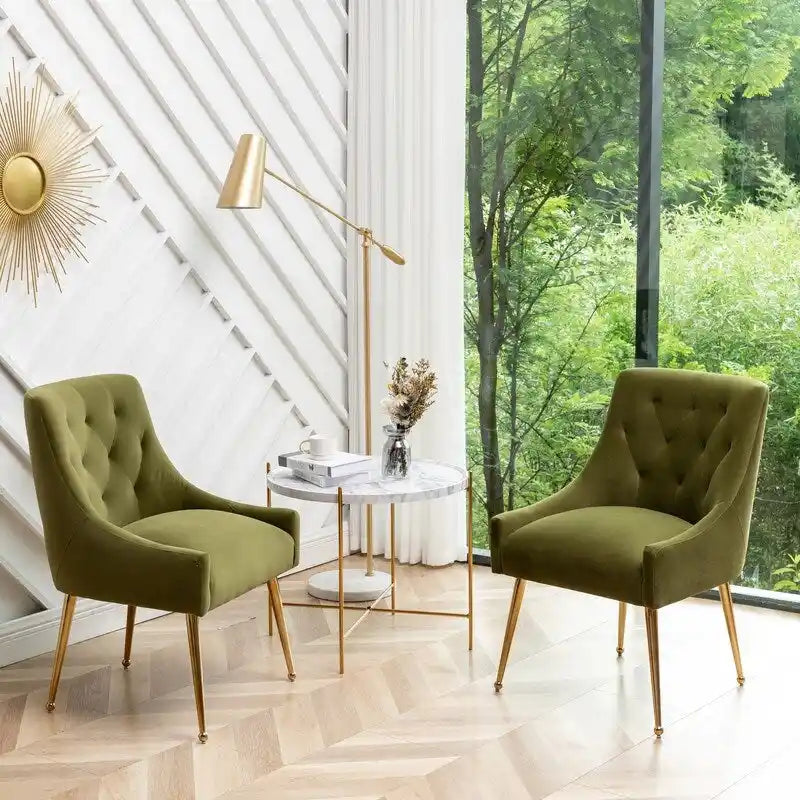 Velvet Dining Chair Set of 2, Tufted Back with Gold Ring Pull, Armless