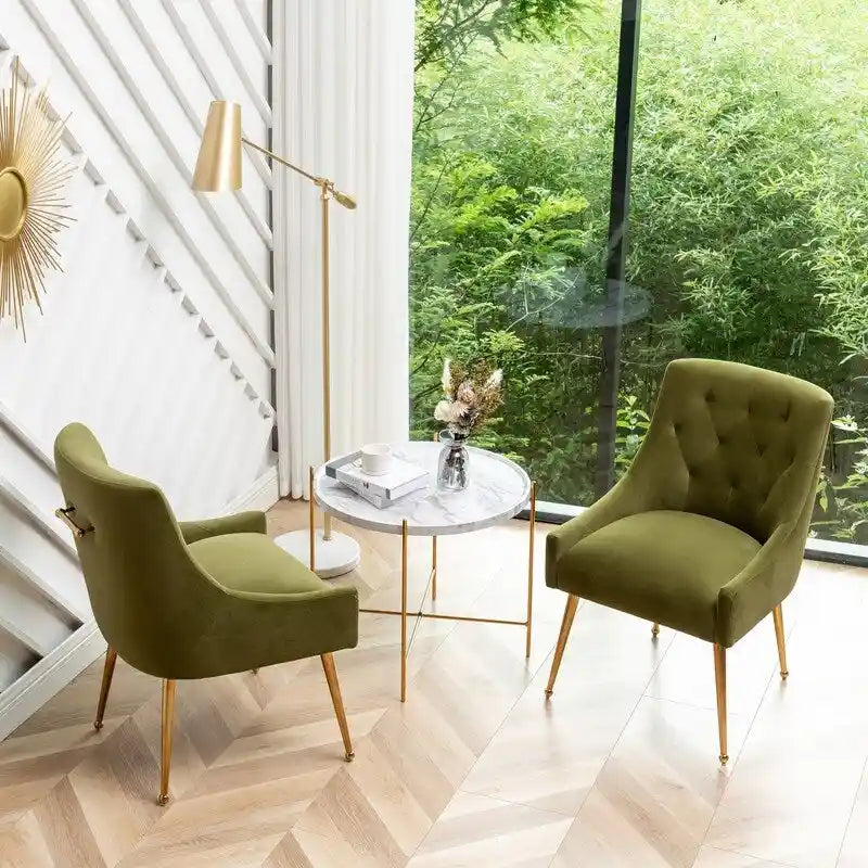 Velvet Dining Chair Set of 2, Tufted Back with Gold Ring Pull, Armless