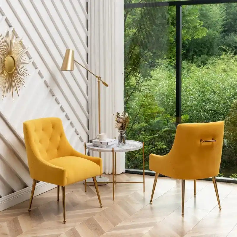Velvet Dining Chair Set of 2, Tufted Back with Gold Ring Pull, Armless