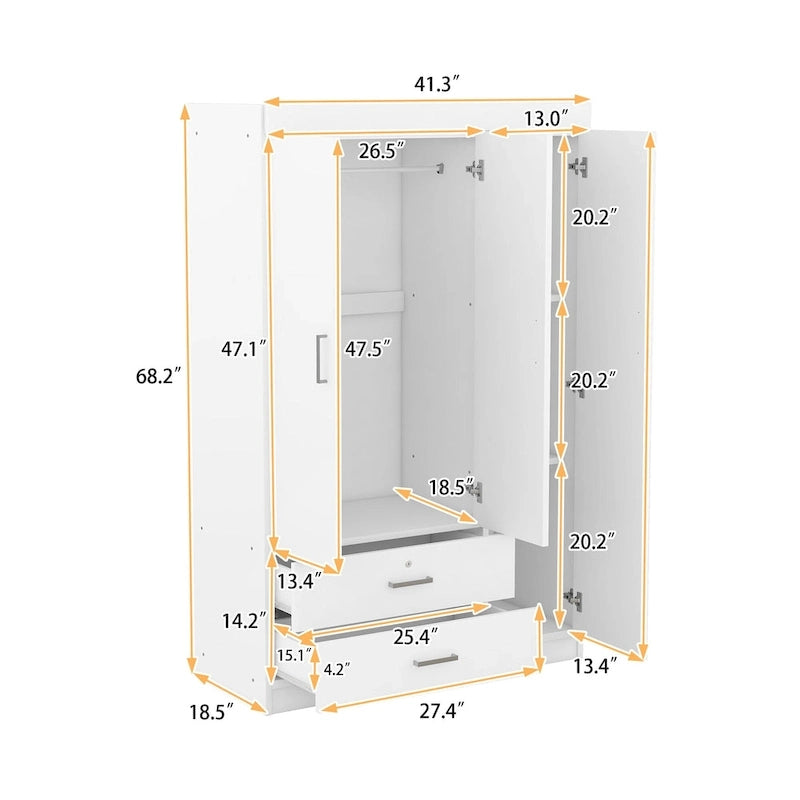 White / Grey 3-Door Wardrobe with 2 Drawers, for 1 Person