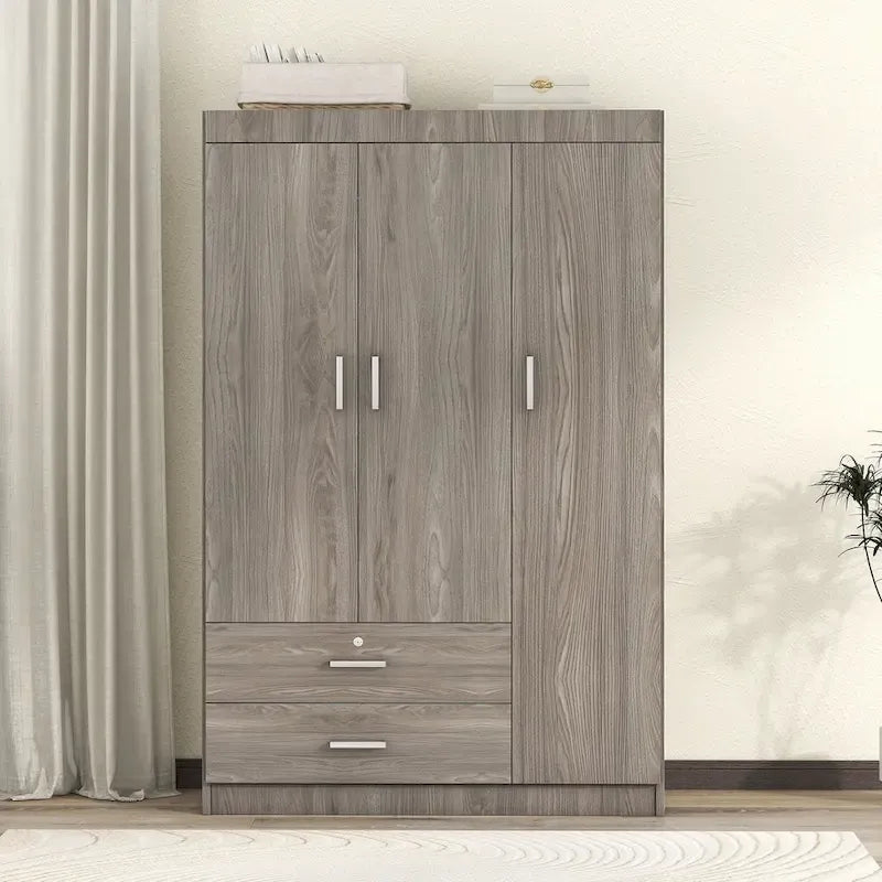 White / Grey 3-Door Wardrobe with 2 Drawers, for 1 Person