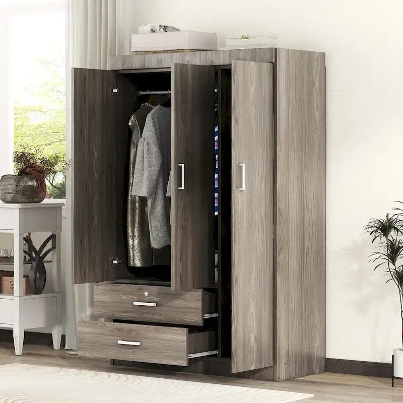 White / Grey 3-Door Wardrobe with 2 Drawers, for 1 Person