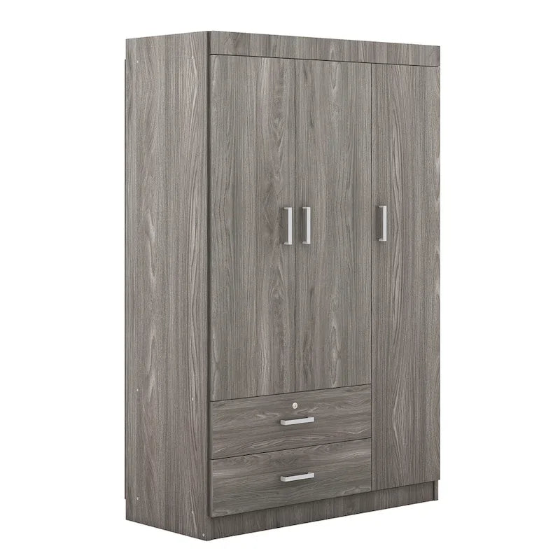 White / Grey 3-Door Wardrobe with 2 Drawers, for 1 Person
