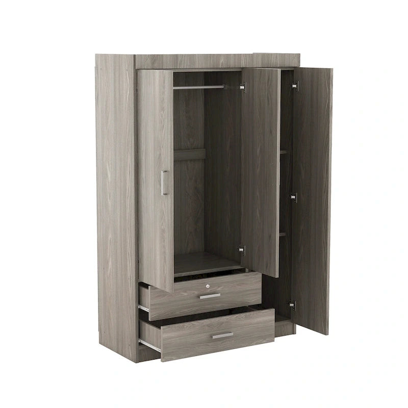 White / Grey 3-Door Wardrobe with 2 Drawers, for 1 Person