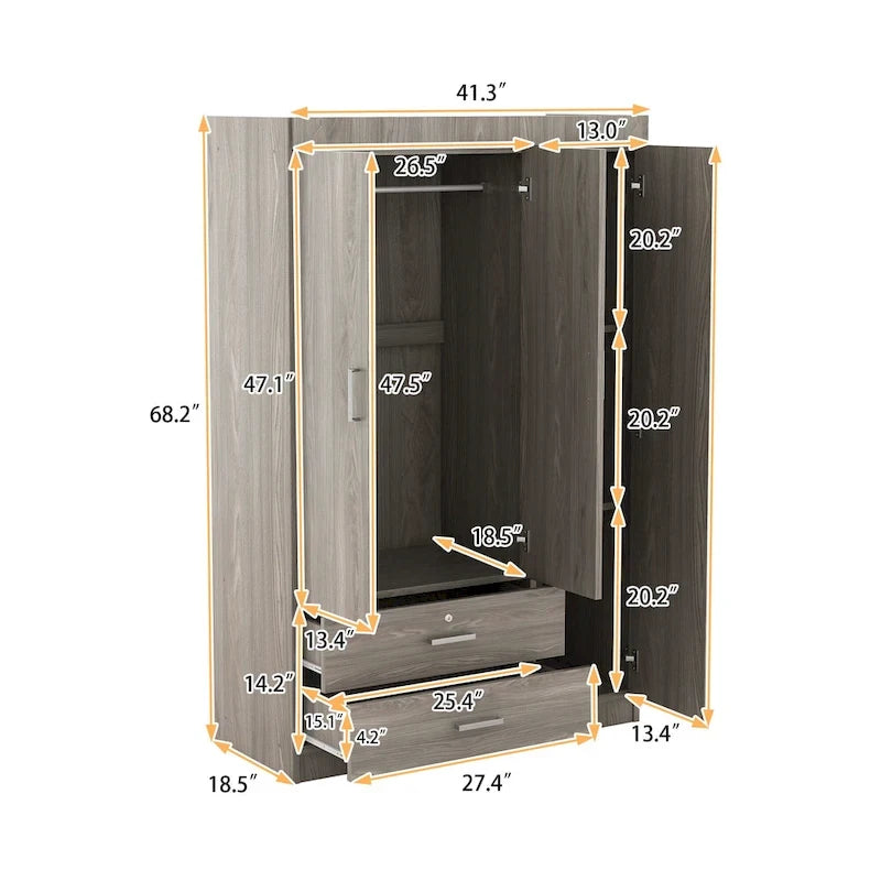 White / Grey 3-Door Wardrobe with 2 Drawers, for 1 Person