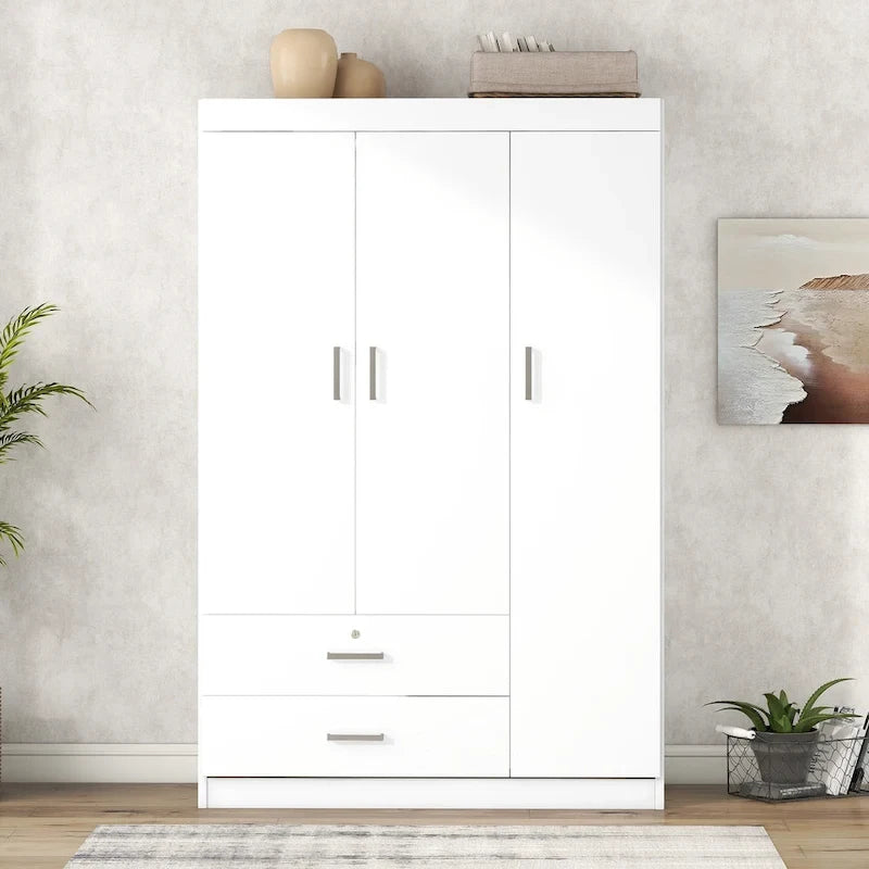 White / Grey 3-Door Wardrobe with 2 Drawers, for 1 Person