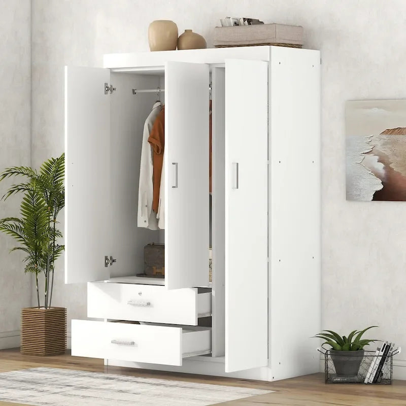 White / Grey 3-Door Wardrobe with 2 Drawers, for 1 Person